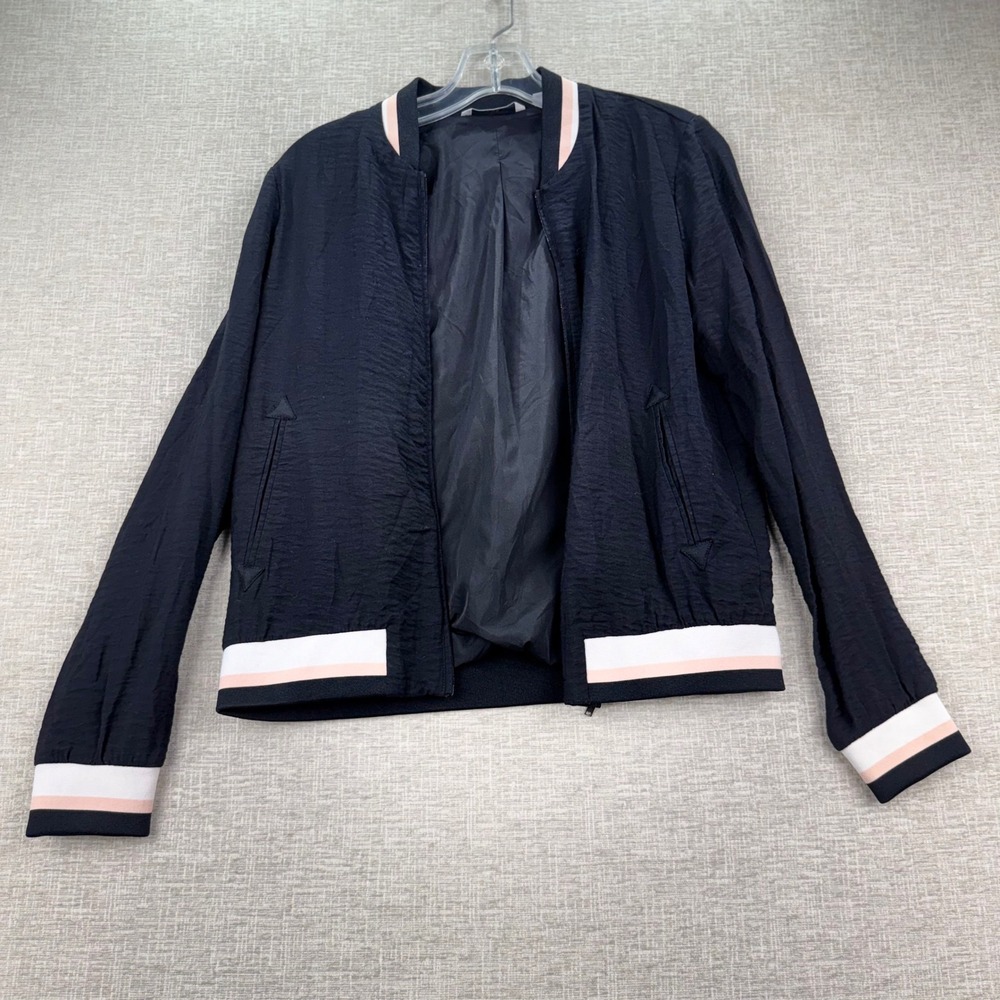 EDC by Esprit Black Floral Embroidered Bomber Jacket Pink White Striped Trim XS